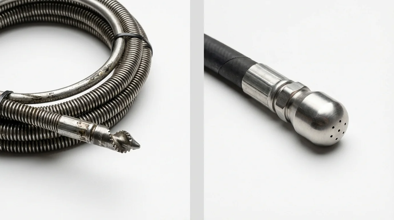 Drain snake cable and hydro jetting nozzle used for drain cleaning in Benton City, WA