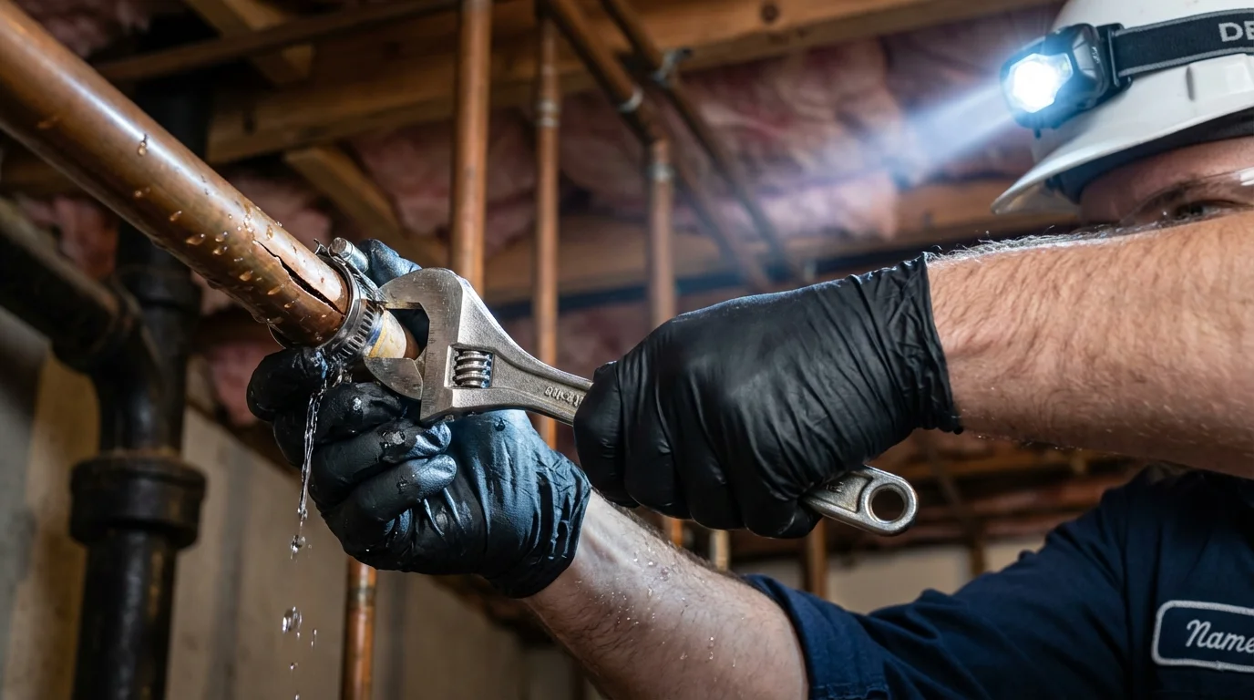 Emergency pipe clamp repair being performed by a Johns Plumbing LLC plumber in Benton City