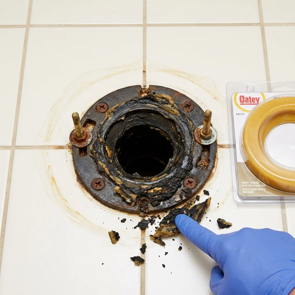 Failed wax ring showing water seepage at the base of a toilet in a Benton City, WA home