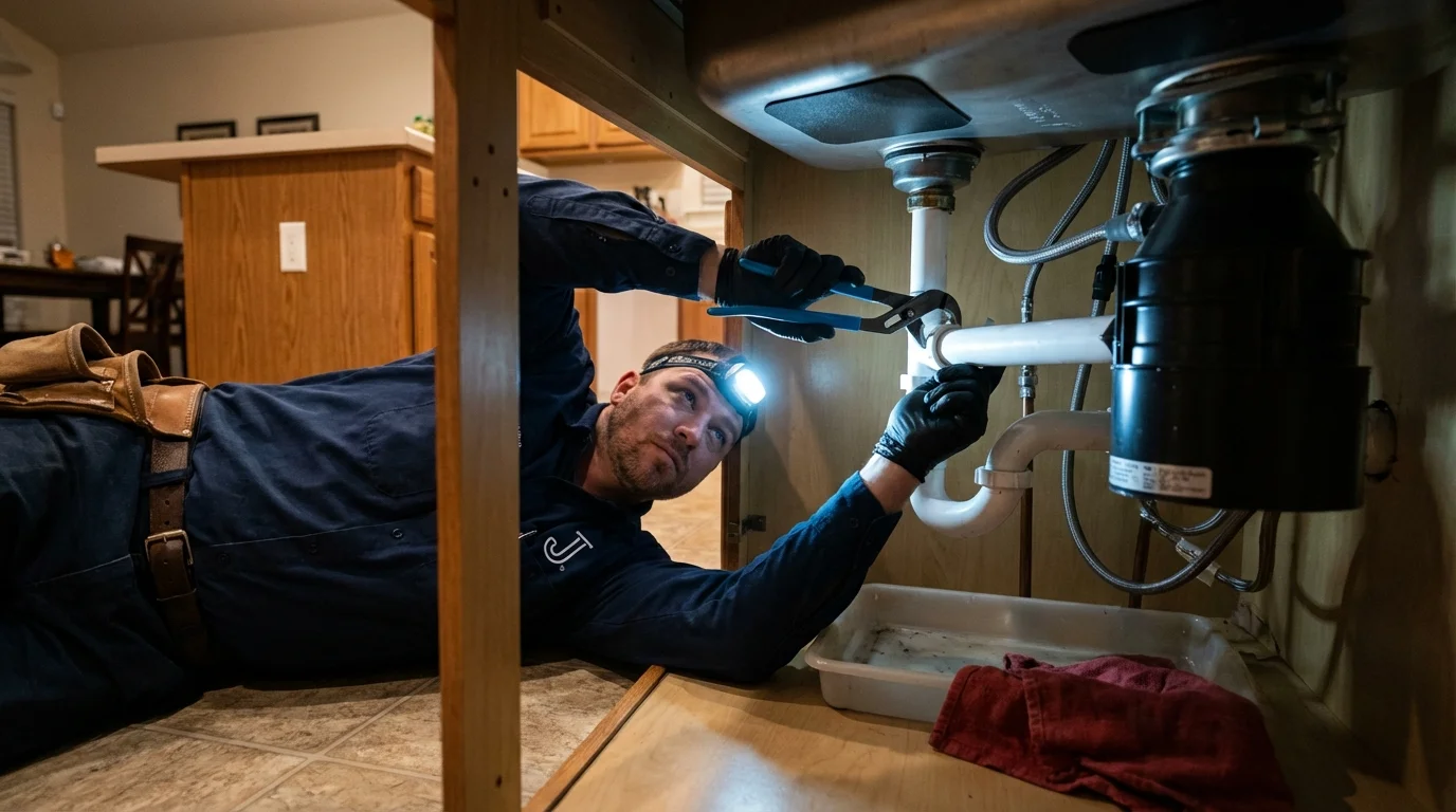 P-trap and supply line connections under a kitchen sink showing a common leak point in Benton City, WA
